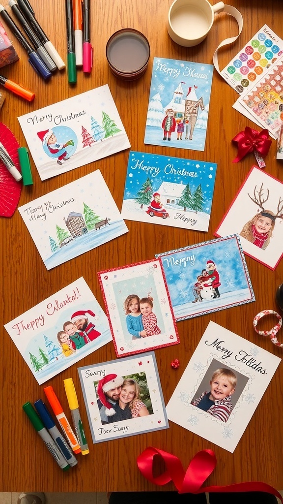 A variety of creative Christmas cards on a table with art supplies.